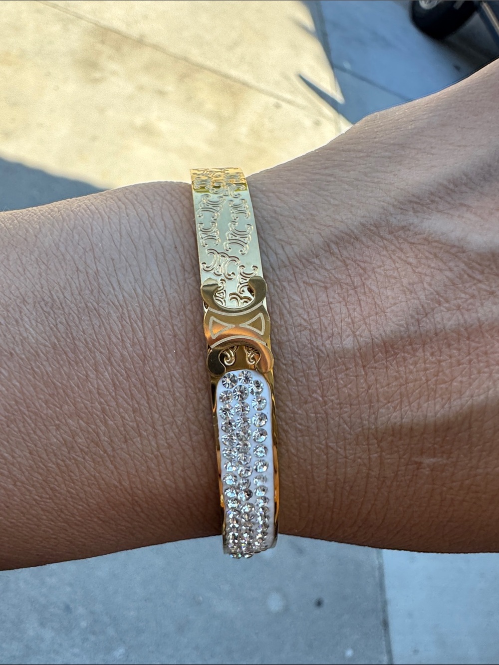 Gold-Tone Engraved Crystal Accent Cuff Bracelet